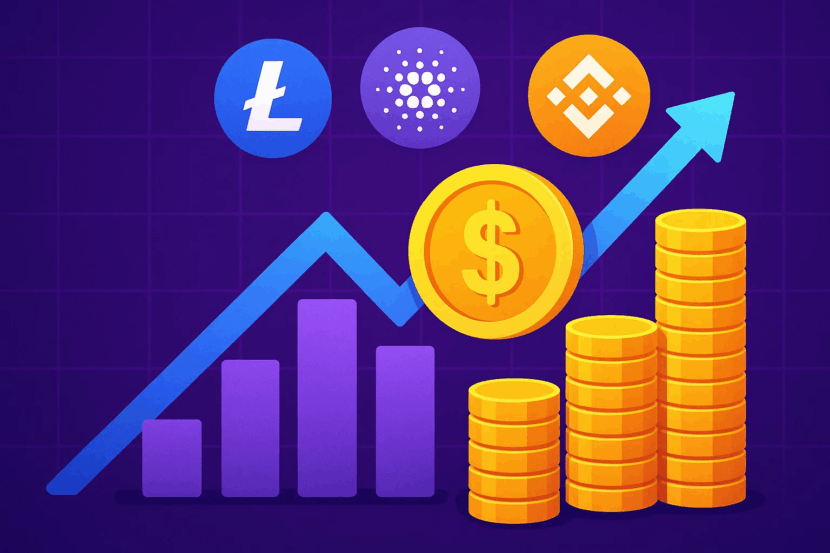 Gráfico de valorização de altcoins com logotipos de criptomoedas como Litecoin, Cardano e Binance Coin representando crescimento no mercado cripto.