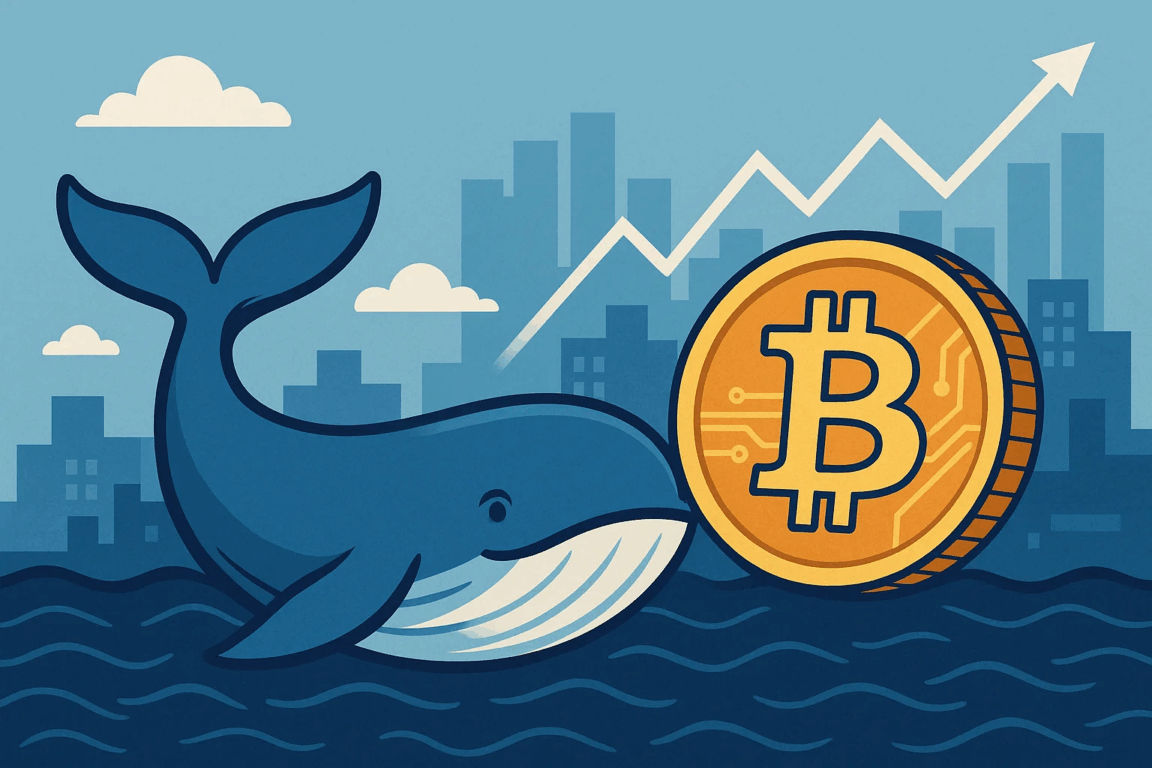 Ilustração de uma baleia azul ao lado de uma grande moeda de Bitcoin, simbolizando o movimento de grandes investidores e a alta do mercado de criptomoedas. Ilustração de uma baleia azul ao lado de uma grande moeda de Bitcoin, simbolizando o movimento de grandes investidores e a alta do mercado de criptomoedas.