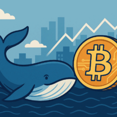 Ilustração de uma baleia azul ao lado de uma grande moeda de Bitcoin, simbolizando o movimento de grandes investidores e a alta do mercado de criptomoedas.