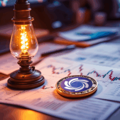 Moeda Ozak AI sobre documentos com gráficos de mercado e uma lâmpada acesa em um ambiente de trabalho, representando o investimento e a análise de criptomoedas.