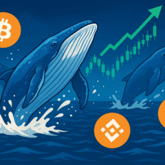Ilustração de baleias saltando no oceano representando grandes investidores comprando criptomoedas, com símbolos do Bitcoin, Binance Coin e Ethereum e um gráfico de alta ao fundo.