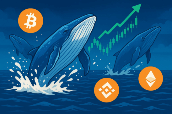 Ilustração de baleias saltando no oceano representando grandes investidores comprando criptomoedas, com símbolos do Bitcoin, Binance Coin e Ethereum e um gráfico de alta ao fundo.