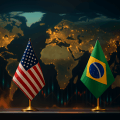 Bandeiras do Brasil e dos EUA sobre base dourada com mapa-múndi ao fundo, representando comércio exterior e economia internacional.