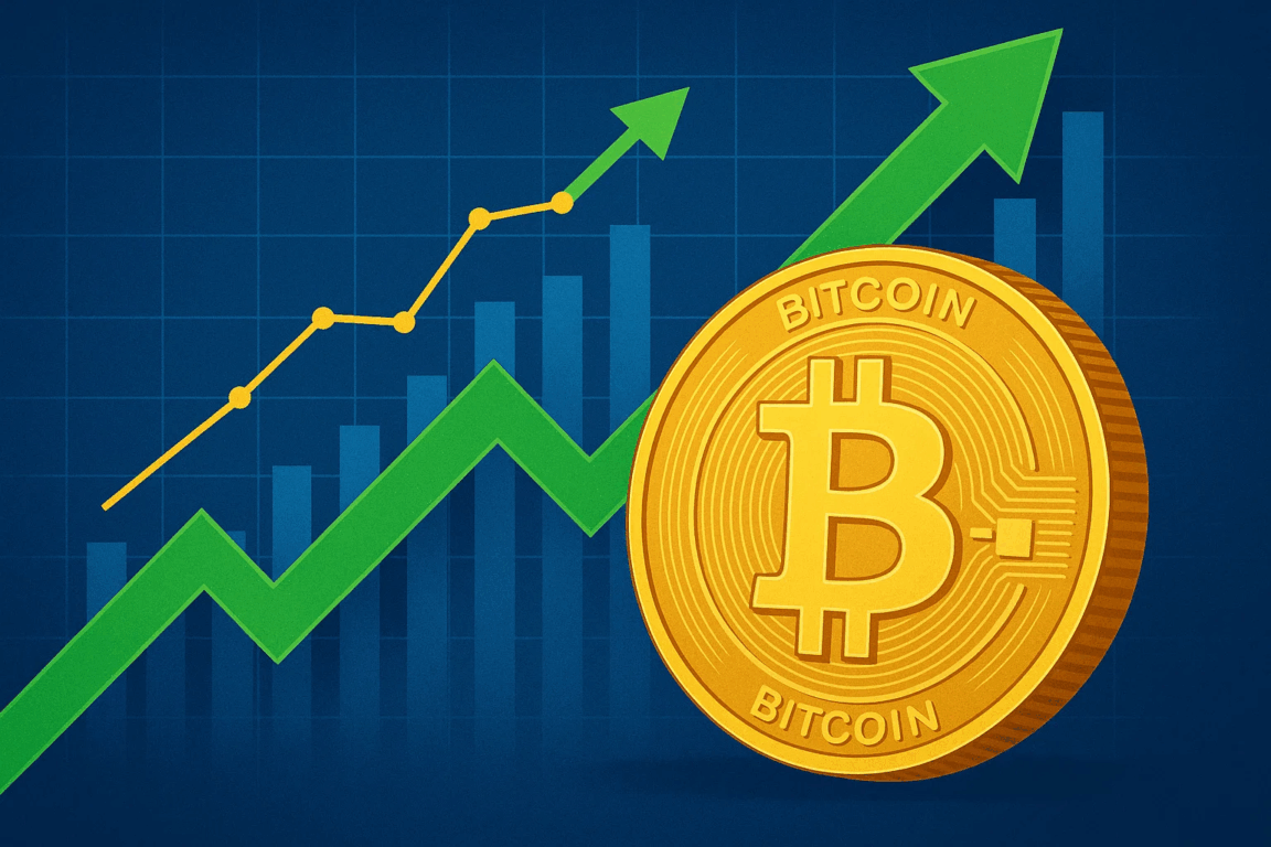Imagem de uma moeda de Bitcoin ao lado de gráficos ascendentes em verde e amarelo, representando projeções de alta no preço da criptomoeda.
