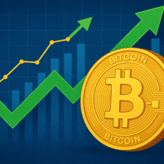 Imagem de uma moeda de Bitcoin ao lado de gráficos ascendentes em verde e amarelo, representando projeções de alta no preço da criptomoeda.