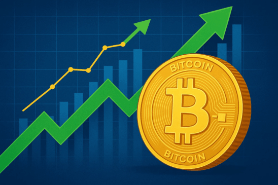 Imagem de uma moeda de Bitcoin ao lado de gráficos ascendentes em verde e amarelo, representando projeções de alta no preço da criptomoeda.