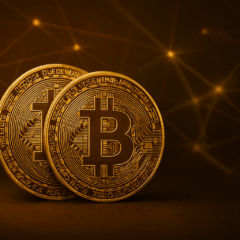 lustração de Bitcoins dourados sobre fundo escuro representando queda do mercado