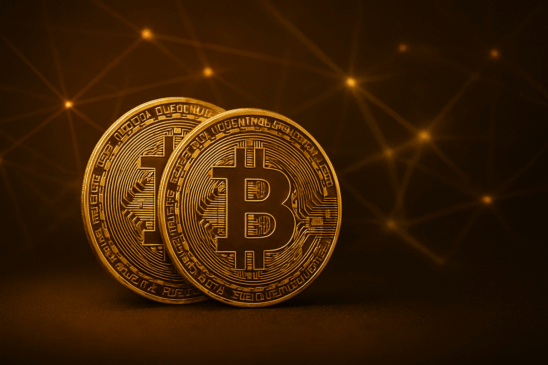 lustração de Bitcoins dourados sobre fundo escuro representando queda do mercado