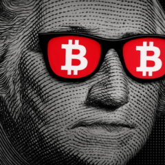 Figura de nota de dólar com óculos exibindo o símbolo do Bitcoin, simbolizando a queda de 2% e o teste de suporte de US$ 100 mil em 07/11/2025.