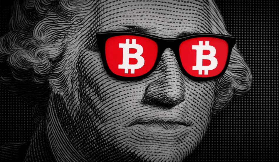 Figura de nota de dólar com óculos exibindo o símbolo do Bitcoin, simbolizando a queda de 2% e o teste de suporte de US$ 100 mil em 07/11/2025.