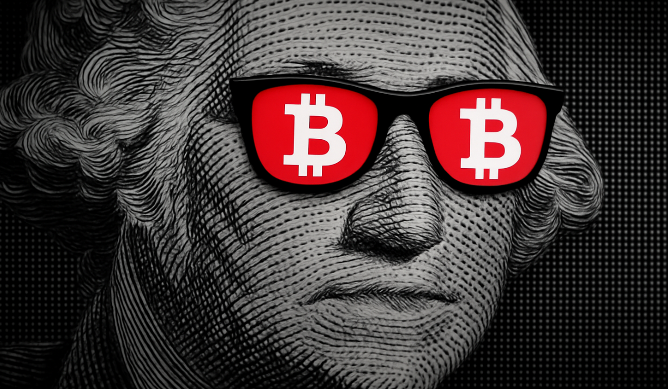 Figura de nota de dólar com óculos exibindo o símbolo do Bitcoin, simbolizando a queda de 2% e o teste de suporte de US$ 100 mil em 07/11/2025. Figura de nota de dólar com óculos exibindo o símbolo do Bitcoin, simbolizando a queda de 2% e o teste de suporte de US$ 100 mil em 07/11/2025.