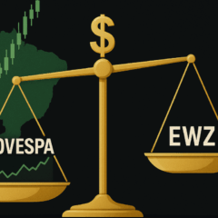 Gráfico conceitual mostrando Bolsa brasileira e EWZ distante da máxima histórica em dólar.