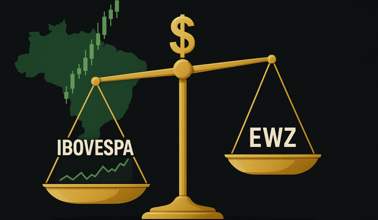 Gráfico conceitual mostrando Bolsa brasileira e EWZ distante da máxima histórica em dólar.