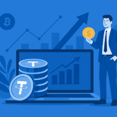 Homem de terno segura moeda enquanto gráficos e criptomoedas sobem em imagem sobre a KCEX.