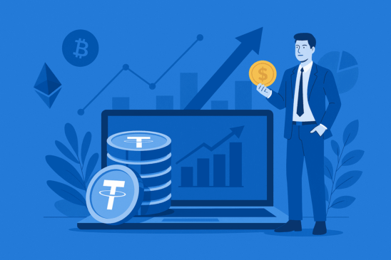 Homem de terno segura moeda enquanto gráficos e criptomoedas sobem em imagem sobre a KCEX.