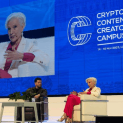 Painel do CCCC 2025 com Dr. Maye Musk em entrevista no palco principal em Lisboa.