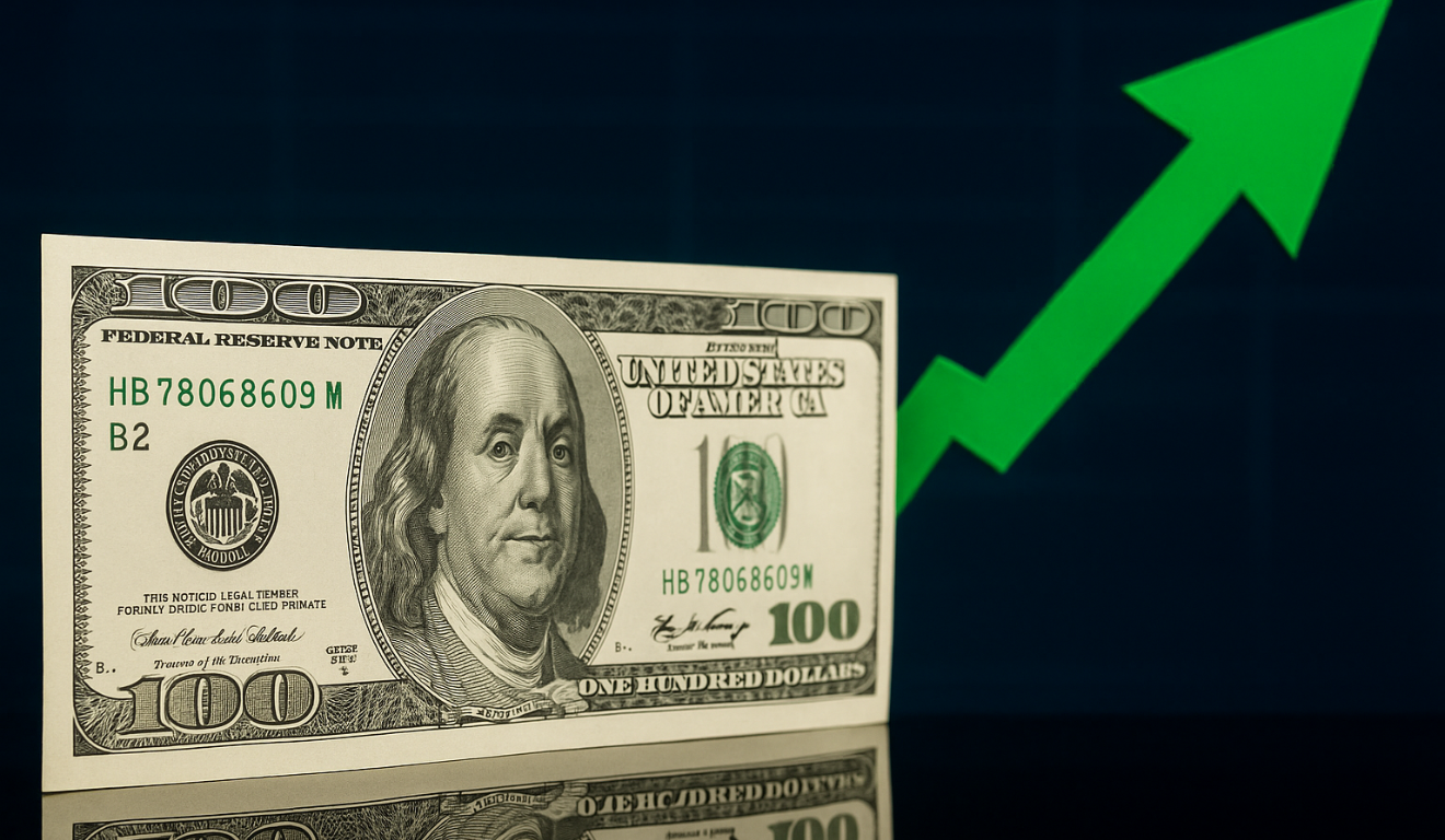 Cédula de 100 dólares com seta verde apontando para cima ao fundo, representando alta do dólar.
