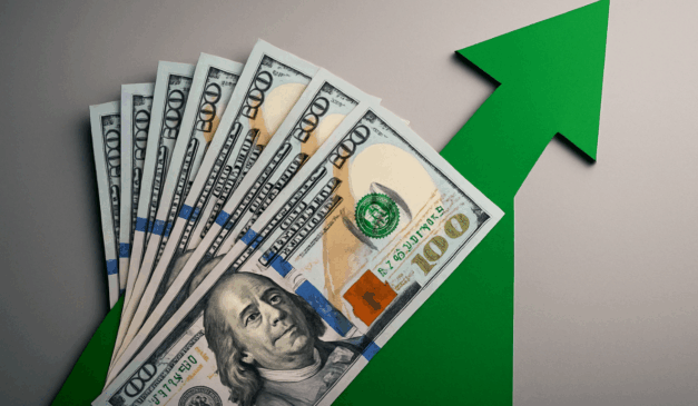 Imagem abstrata em tons de verde com ícones de moeda e gráfico ascendente, simbolizando movimento de alta do dólar.