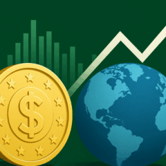 Representação financeira com moeda dourada, globo terrestre e seta de crescimento simbolizando dolarização e ETFs.