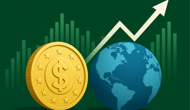 Representação financeira com moeda dourada, globo terrestre e seta de crescimento simbolizando dolarização e ETFs.