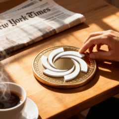 Investidor analisa moeda digital Ozak AI em mesa de café ao lado de jornal The New York Times