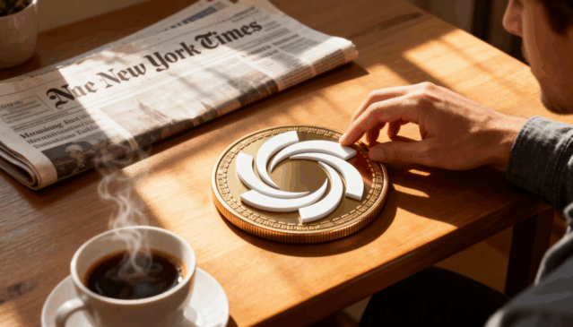Investidor analisa moeda digital Ozak AI em mesa de café ao lado de jornal The New York Times