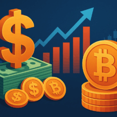Ilustração com símbolos de dólar e Bitcoin, pilhas de dinheiro e gráficos de alta, representando o impacto positivo da injeção de bilhões do FED no mercado e na valorização do Bitcoin.