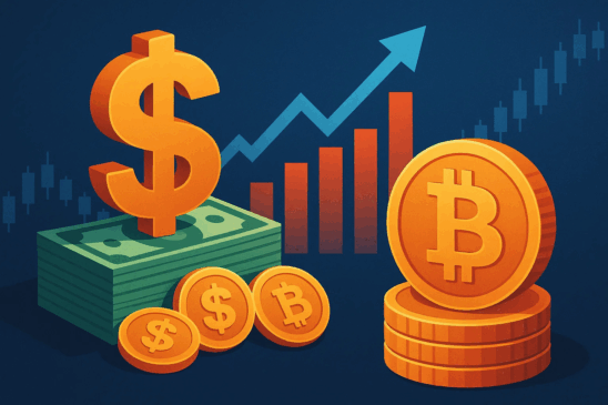 Ilustração com símbolos de dólar e Bitcoin, pilhas de dinheiro e gráficos de alta, representando o impacto positivo da injeção de bilhões do FED no mercado e na valorização do Bitcoin.