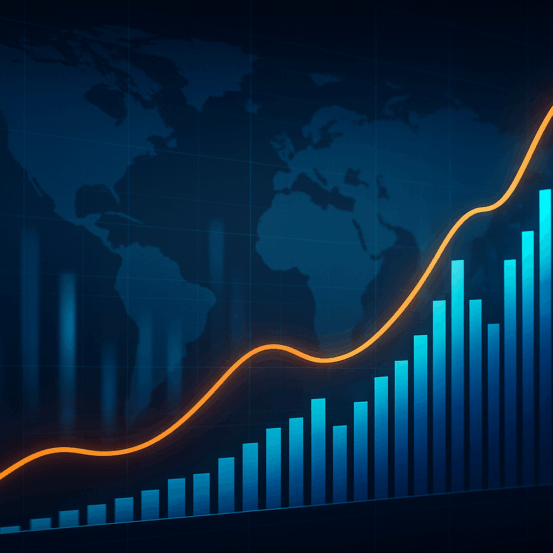 Ilustração de barras e linha de crescimento sobre mapa-múndi desfocado, representando a tendência do Ibovespa e do mercado financeiro.