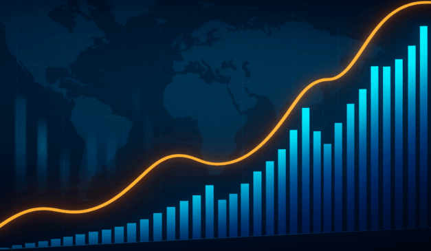 Ilustração de barras e linha de crescimento sobre mapa-múndi desfocado, representando a tendência do Ibovespa e do mercado financeiro.