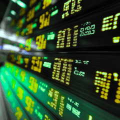 Painel eletrônico mostra números do Ibovespa em alta recorde no mercado financeiro brasileiro.