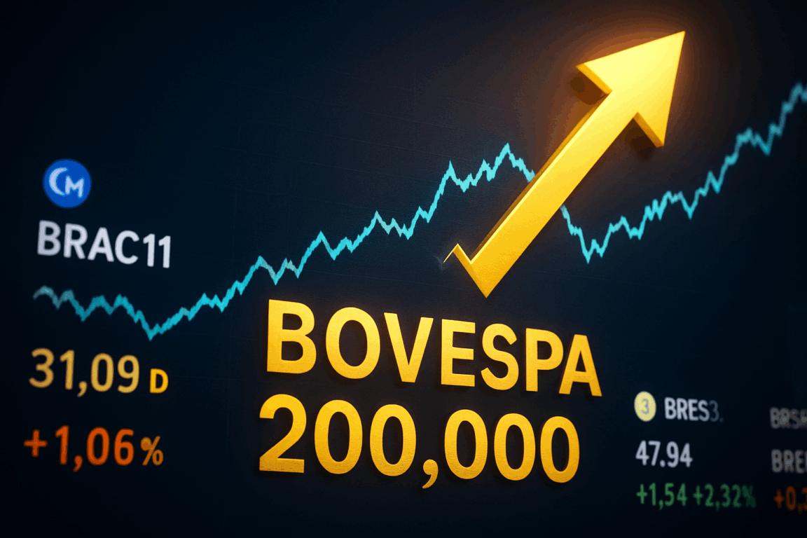 Ilustração abstrata do mercado financeiro com gráficos ascendentes, barras douradas e setas de alta sobre fundo escuro, representando projeções otimistas para a Bolsa brasileira. Ilustração abstrata do mercado financeiro com gráficos ascendentes, barras douradas e setas de alta sobre fundo escuro, representando projeções otimistas para a Bolsa brasileira.