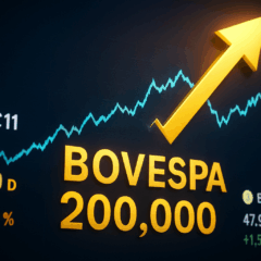 Ilustração abstrata do mercado financeiro com gráficos ascendentes, barras douradas e setas de alta sobre fundo escuro, representando projeções otimistas para a Bolsa brasileira.