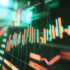Gráfico digital com oscilação de preços e indicadores financeiros, ilustrando a volatilidade do Ibovespa.