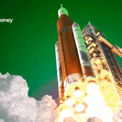 Foguete sendo lançado com fumaça densa ao redor, simbolizando alta do mercado financeiro.