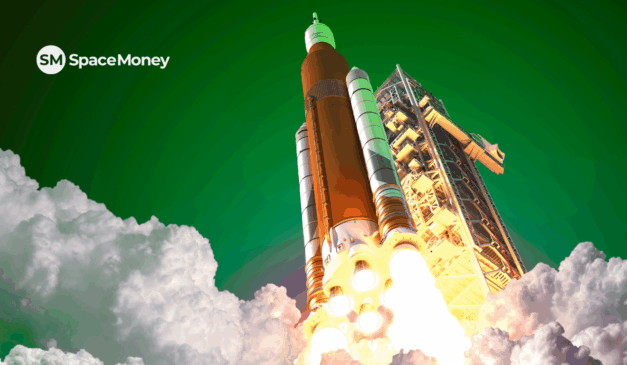 Foguete sendo lançado com fumaça densa ao redor, simbolizando alta do mercado financeiro.