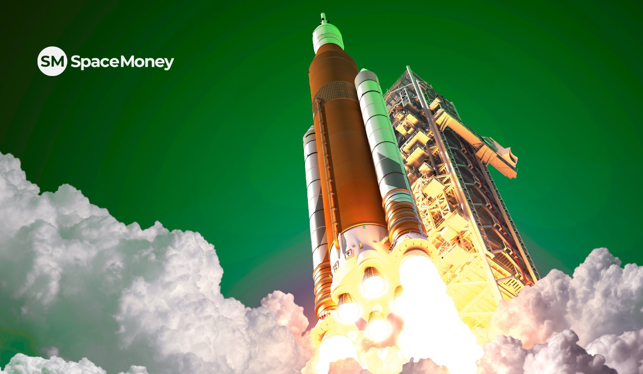 Foguete sendo lançado com fumaça densa ao redor, simbolizando alta do mercado financeiro.