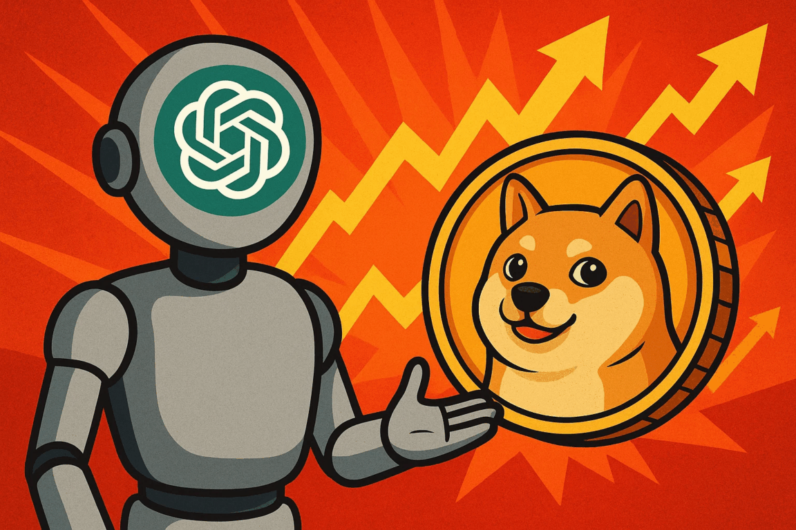 Ilustração do ChatGPT ao lado de uma moeda estilo Doge, representando análise de memecoins e destaque para MaxiDoge. Ilustração do ChatGPT ao lado de uma moeda estilo Doge, representando análise de memecoins e destaque para MaxiDoge.