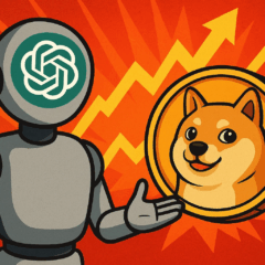 Ilustração do ChatGPT ao lado de uma moeda estilo Doge, representando análise de memecoins e destaque para MaxiDoge.
