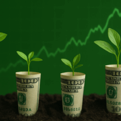 Quatro notas de 100 dólares com pequenas plantas brotando, diante de um gráfico verde ascendente representando o crescimento dos melhores ETFs para comprar. Quatro notas de 100 dólares com pequenas plantas brotando, diante de um gráfico verde ascendente representando o crescimento dos melhores ETFs para comprar.