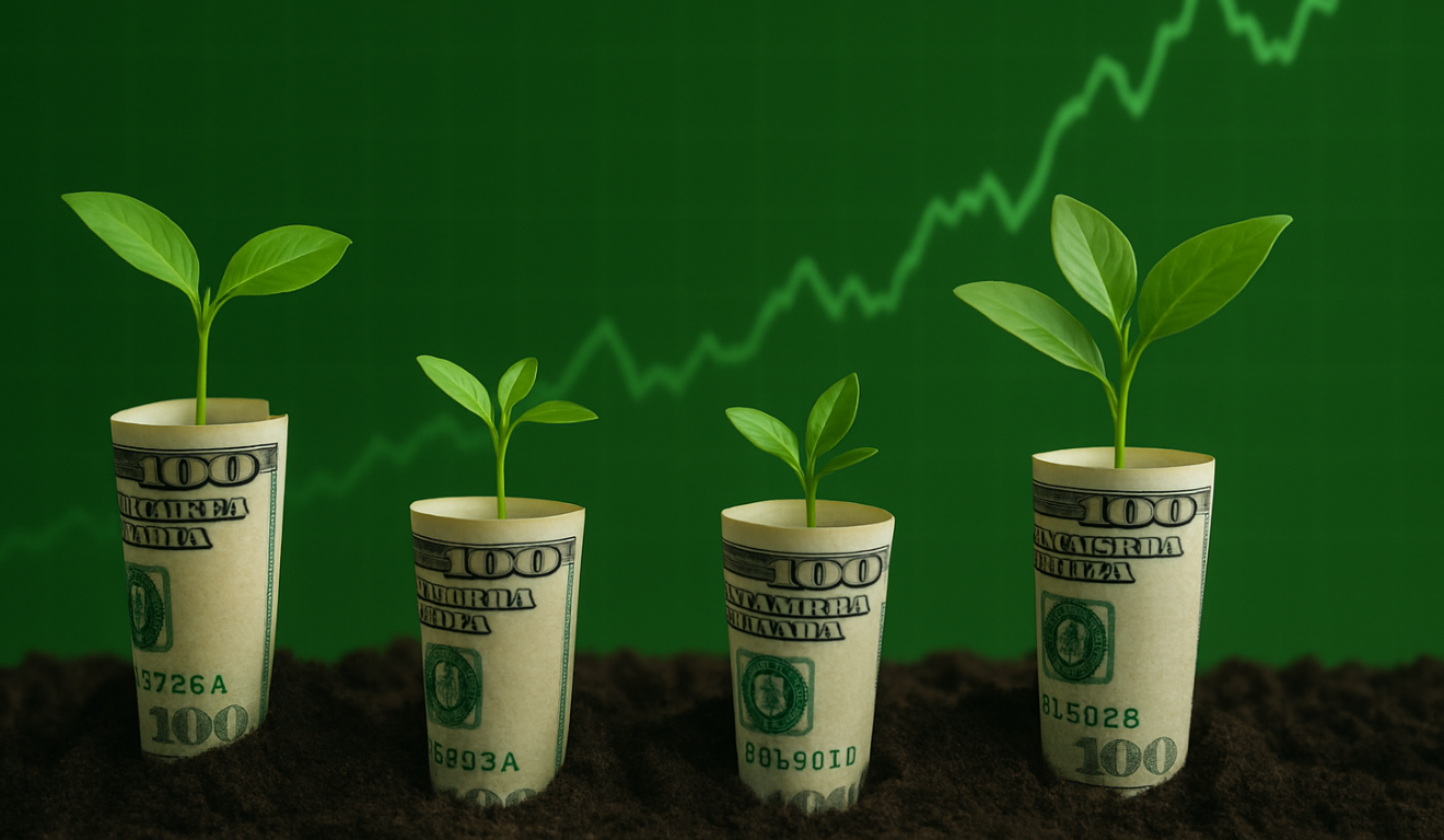 Quatro notas de 100 dólares com pequenas plantas brotando, diante de um gráfico verde ascendente representando o crescimento dos melhores ETFs para comprar.