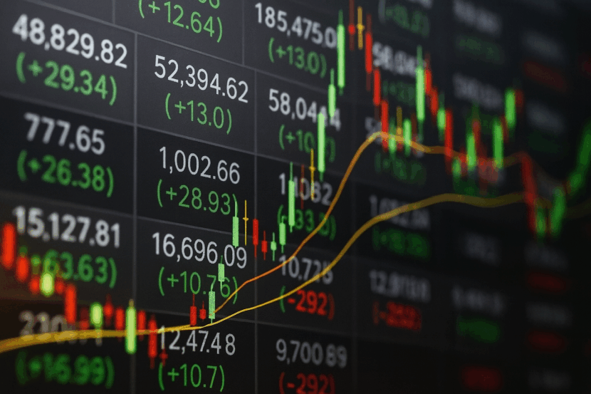 Imagem de tela com números de cotações, candles verdes e vermelhos e linha de tendência, representando a oscilação do mercado financeiro