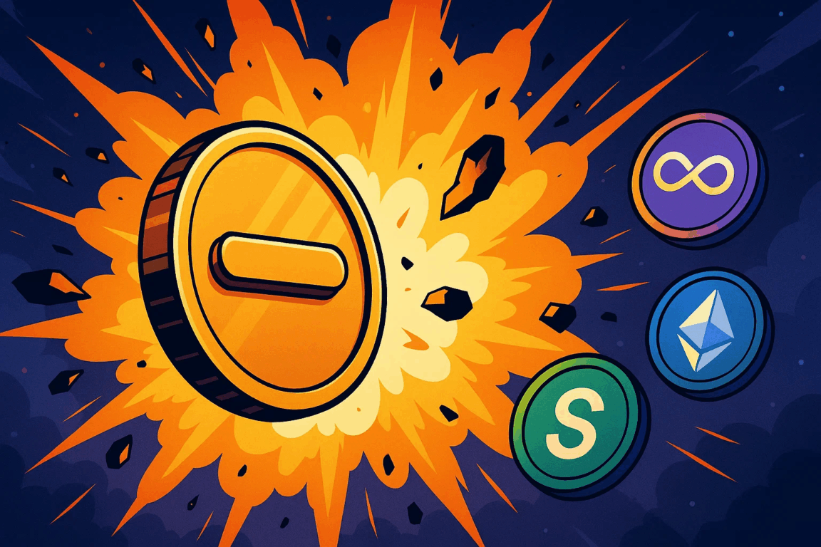 Moeda explodindo ao lado de ícones de altcoins, representando o forte crescimento e hype no mercado cripto