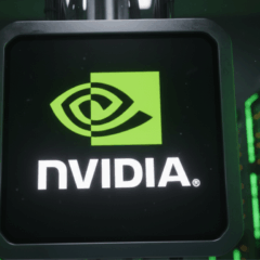 logotipo da Nvidia em servidor de data center com luzes verdes.