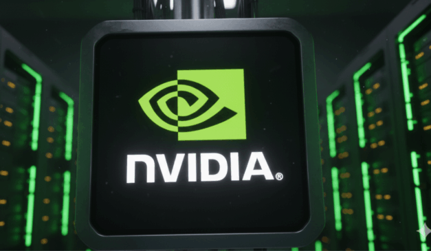 logotipo da Nvidia em servidor de data center com luzes verdes.