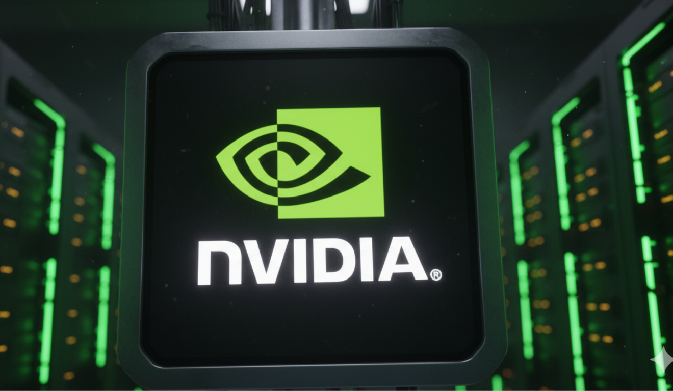 logotipo da Nvidia em servidor de data center com luzes verdes. logotipo da Nvidia em servidor de data center com luzes verdes.