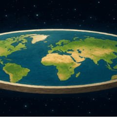 Ilustração mostrando o planeta Terra em formato plano no espaço, simbolizando a ideia de um mundo nivelado pela globalização e pela evolução financeira.