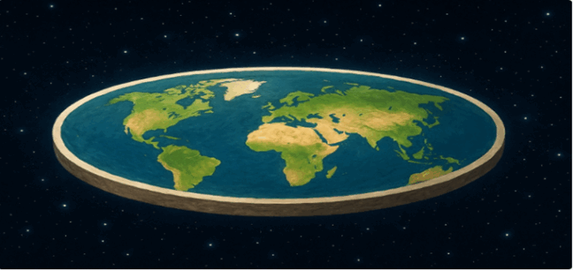 Ilustração mostrando o planeta Terra em formato plano no espaço, simbolizando a ideia de um mundo nivelado pela globalização e pela evolução financeira.