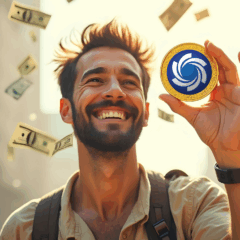 Investidor segura moeda Ozak AI enquanto notas de dólar caem ao redor, simbolizando valorização das criptomoedas em 2025