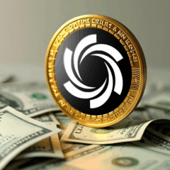 Moeda Ozak AI sobre notas de dólar simbolizando o crescimento da criptomoeda até 2028